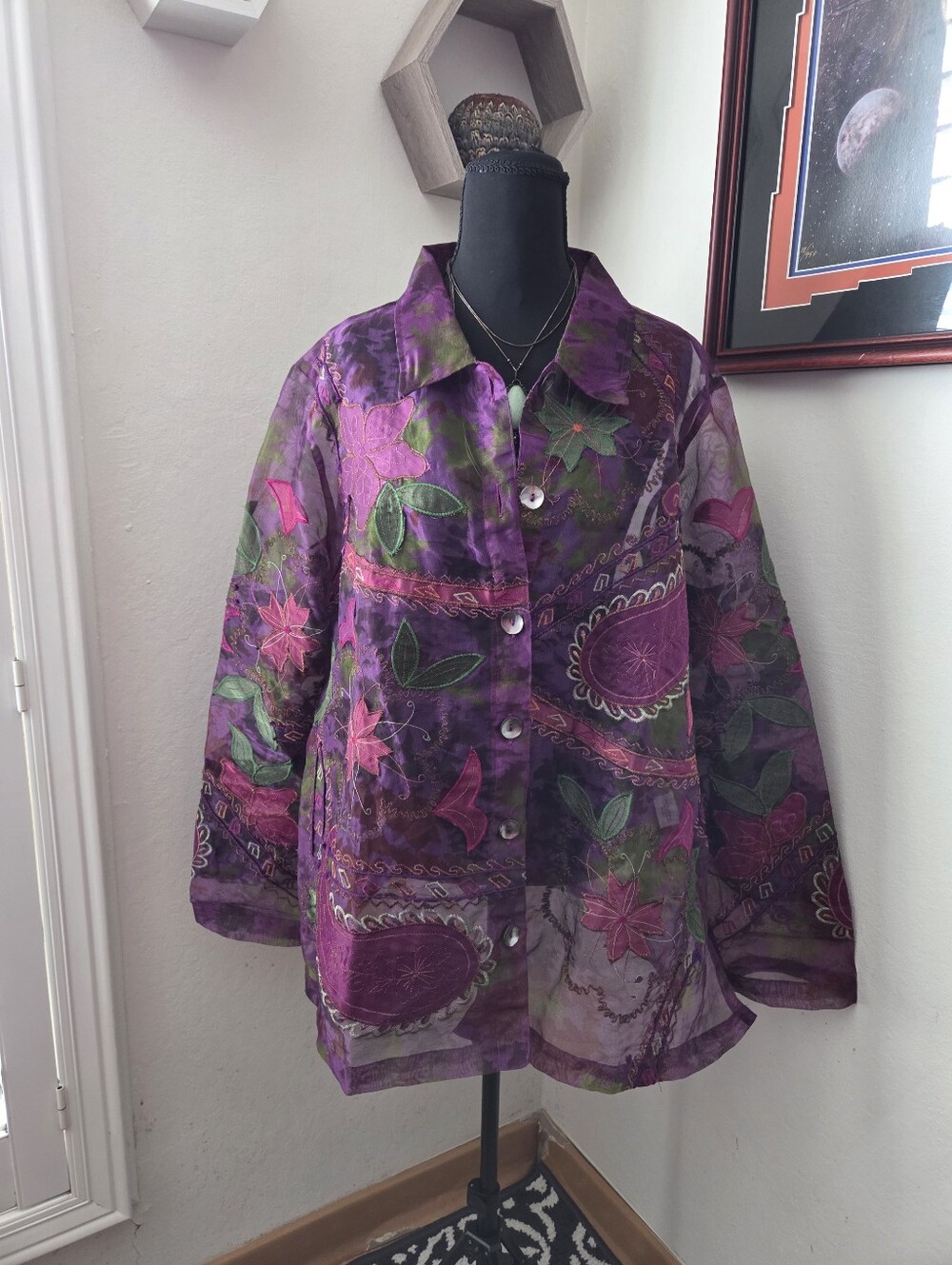 Purple Floral Sheer Button-Front Overcoat Jacket Fairy Whimsical Artsy Boho XL T